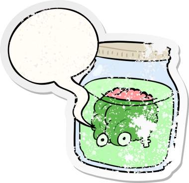 Kavanozda süzülen karikatür hayaleti beyni bir insan tarafından çizilmiş sıkıntılı eski bir çıkartma.