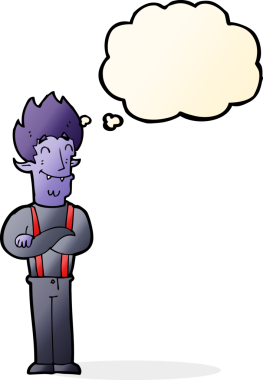 Bir insan tarafından çizilmiş düşünce balonlu mutlu vampir adam çizgi filmi.