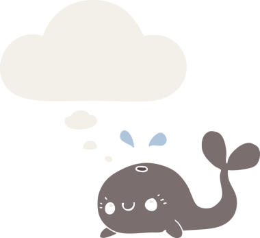 Düşünce baloncuğu olan sevimli bir balina insan tarafından çizilmiş.