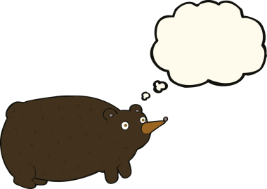 Bir insan tarafından çizilmiş düşünce baloncuklu komik çizgi film ayısı.