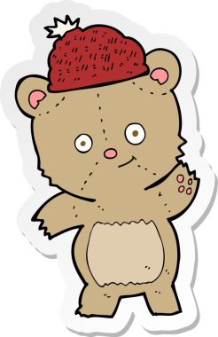 Bir insan tarafından çizilmiş şapkalı çizgi film ayısının çıkartması.