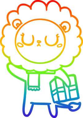 Gökkuşağı gradyan çizgi çizimi bir insan tarafından çizilmiş bir karikatür aslanının Noel hediyesi