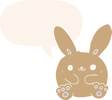 Konuşma baloncuklu çizgi film tavşanı insan tarafından çizilmiş.