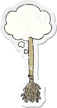 Düşünce baloncuklu çizgi film sihirli süpürgesi insan tarafından çizilmiş yıpranmış bir çıkartma gibi.