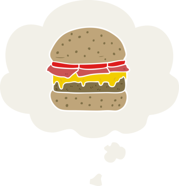 Düşünce baloncuklu çizgi film burgeri bir insan tarafından çizilmiş.