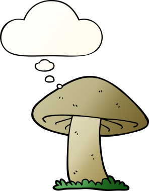 Düşünce baloncuğu olan karikatür mantarı bir insan tarafından çizilmiş.