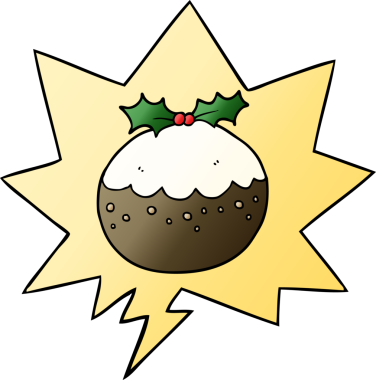 Karikatür noel pudingi, konuşma baloncuğu ile bir insan tarafından çizilmiş yumuşak bir gradyan stili.