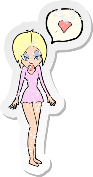 Bir insan tarafından çizilmiş aşk dolu kalbi olan bir karikatür kadının gerilimli retro yapıştırması.