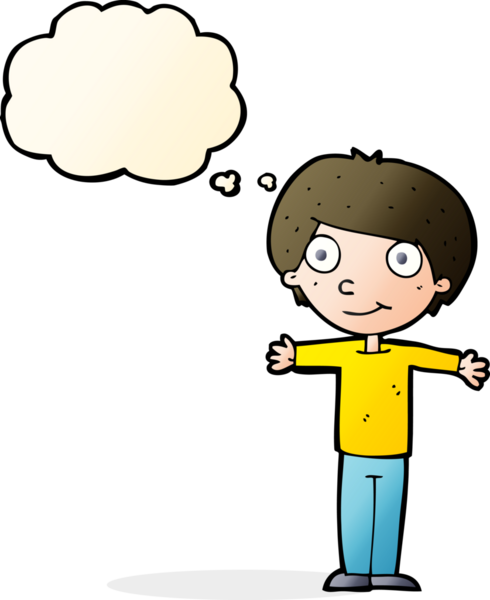 Bir insan tarafından çizilmiş düşünce baloncuğuyla kolları açık mutlu çocuk çizgi filmi.