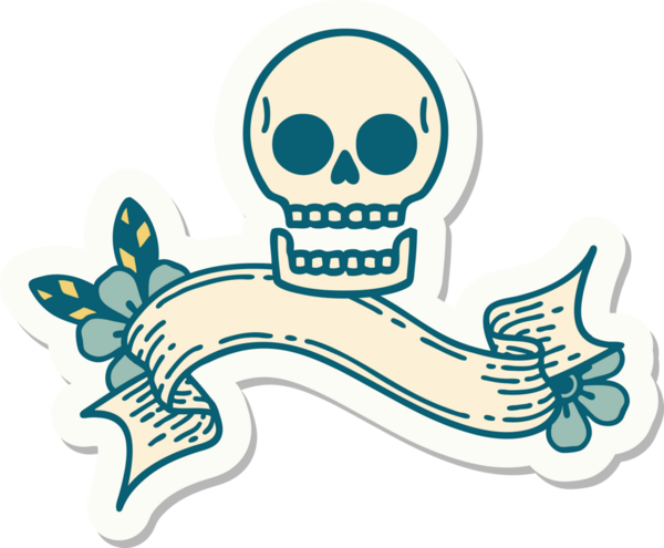 Bir insan tarafından çizilmiş kafatasının pankartıyla dövme stili etiketi