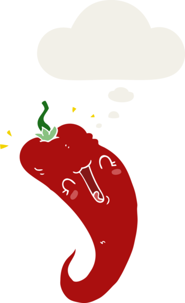 Düşünce baloncuklu kırmızı biber çizgi filmi bir insan tarafından çizilmiş.