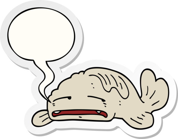 Bir insan tarafından çizilmiş, karikatürlü, hüzünlü, balonlu yaşlı bir balık.