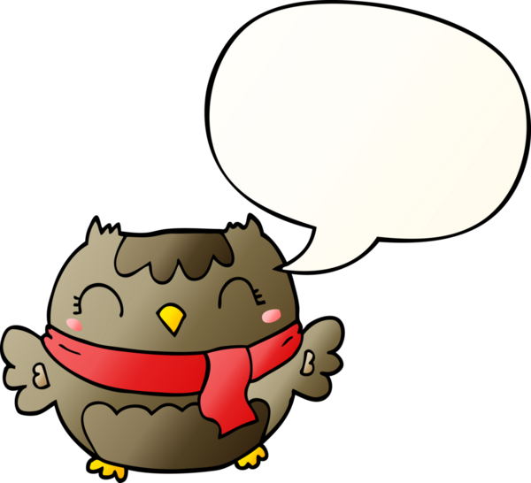 Bir insan tarafından çizilmiş yumuşak eğimli konuşma baloncuğu olan sevimli çizgi film baykuşu