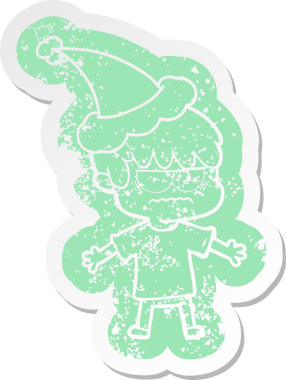 Sinirli karikatür. Noel Baba şapkası takan bir çocuk. Bir insan tarafından çizilmiş.