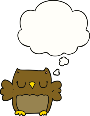 Bir insan tarafından çizilmiş düşünce baloncuğu olan sevimli çizgi film baykuşu.