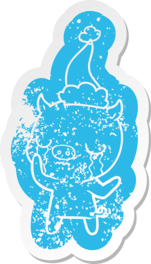 Bir insan tarafından çizilmiş Noel Baba şapkasıyla ağlayan bir domuzun hüzünlü çizgi filmi.