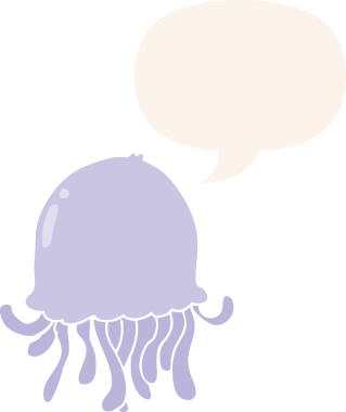 bir insan tarafından çizilmiş, konuşma baloncuklu çizgi film denizanası.