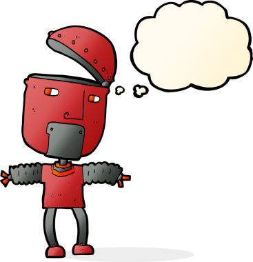 Bir insan tarafından çizilmiş düşünce balonlu açık kafalı komik çizgi film robotu.