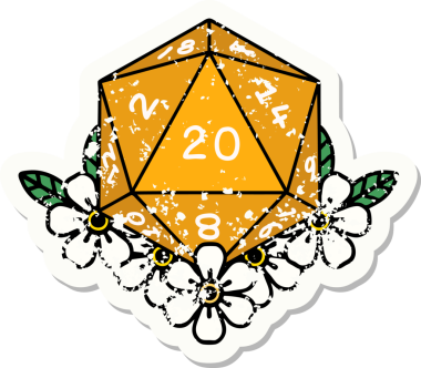 Bir insan tarafından çizilmiş çiçek elementleriyle 20 D20 zarının grunge sticker 'ı.