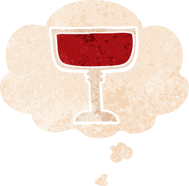 Düşünce baloncuklu çizgi film şarap bardağı grunge sıkıntılı retro dokuma bir insan tarafından çizilmiş