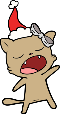 Bir insan tarafından çizilmiş Noel Baba şapkası takan şarkı söyleyen bir kedinin çizimi.