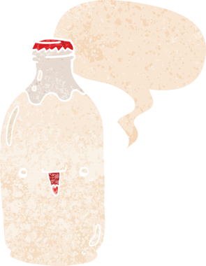 Tatlı çizgi film süt şişesi, konuşma baloncuğu ve grunge dertli retro stili bir insan tarafından çizilmiş.