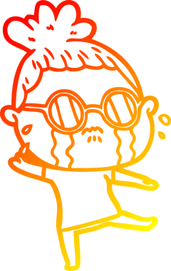 Bir insan tarafından çizilmiş gözlüklü, ağlayan bir kadının çizgi film çizimi.