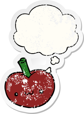 Düşünce baloncuklu çizgi film elması bir insan tarafından çizilmiş yıpranmış bir çıkartma gibi.