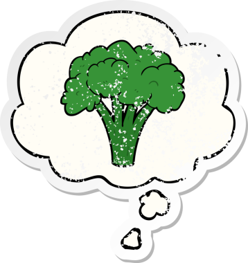 Düşünce baloncuklu karikatür brokoli bir insan tarafından çizilmiş yıpranmış bir çıkartma.