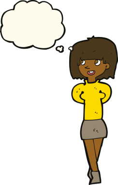 Bir insan tarafından çizilmiş düşünce balonlu mutlu kadın çizgi filmi.