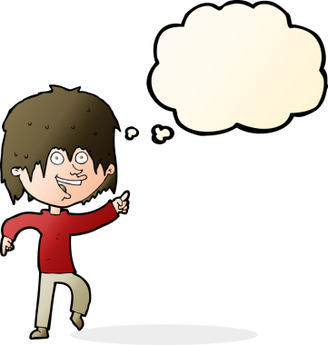 Bir insan tarafından çizilmiş düşünce balonu olan mutlu çocuk çizgi filmi.