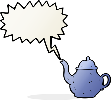 Bir insan tarafından çizilmiş, konuşma baloncuklu bir çaydanlık.