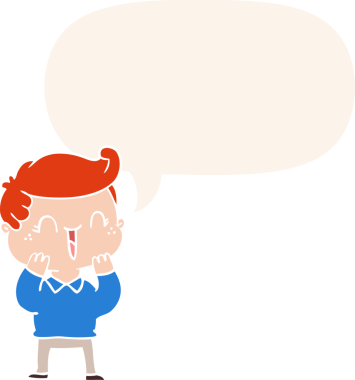 Bir insan tarafından çizilmiş retro tarzı konuşma balonu olan gülen çocuk.