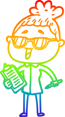 Bir insan tarafından çizilmiş gözlük takan mutlu bir kadının çizgi çizimi.