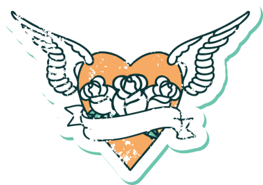 İkonik sıkıntılı dövme stili kanatlı kalp resmi çiçekler ve bir insan tarafından çizilmiş pankart