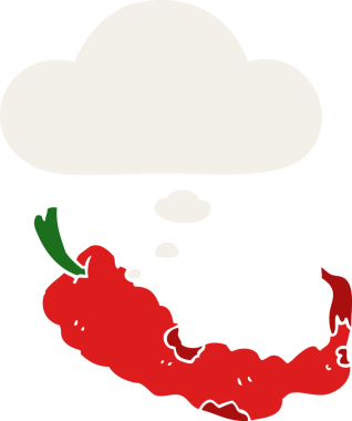 Düşünce baloncuklu kırmızı biber çizgi filmi bir insan tarafından çizilmiş.