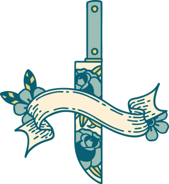 Geleneksel dövme, bir hançer ve bir insan tarafından çizilmiş çiçekler.