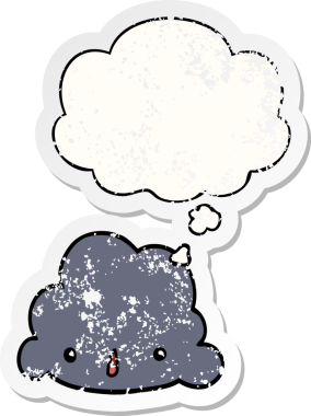 Düşünce baloncuklu karikatür bulutu bir insan tarafından çizilmiş yıpranmış bir çıkartma gibi.