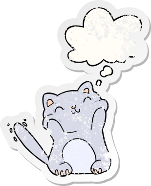 Düşünce baloncuğu olan çizgi film kedisi insan tarafından çizilmiş yıpranmış bir çıkartma.