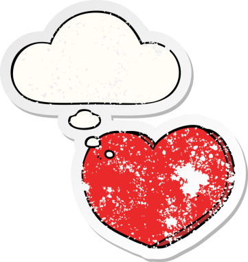 İnsan tarafından çizilmiş yıpranmış bir çıkartma gibi düşünce baloncuklu çizgi film aşk kalbi.