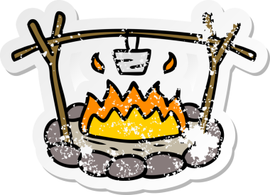 Bir insan tarafından çizilmiş bir kamp alanının el çizimi karikatürü.