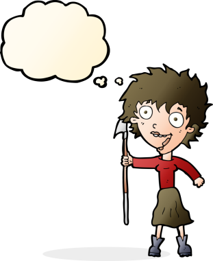 Bir insan tarafından çizilmiş düşünce balonlu mızraklı çılgın kadın.