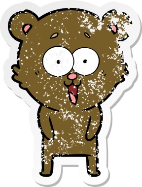 Bir insan tarafından çizilmiş gülen oyuncak ayının sıkıntılı çıkartması.