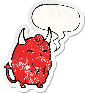 Bir insan tarafından çizilmiş, sıkıntılı, yaşlı çıkartması olan, küçük, şişman, cadılar bayramı şeytanı.