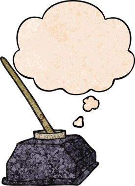 bir insan tarafından çizilmiş grunge desenli düşünce baloncuklu eski mürekkep kabı ve kalem.