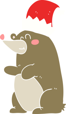 Bir insan tarafından çizilmiş Noel şapkası takan ayının düz renk çizimi