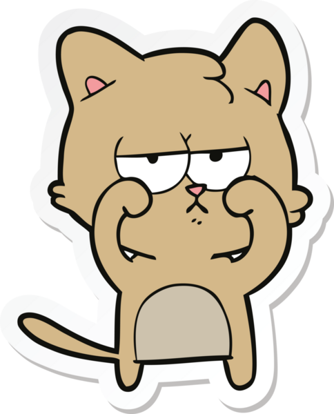 Bir insan tarafından çizilmiş yorgun çizgi film kedisinin çıkartması.