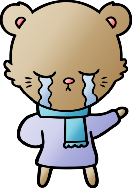 Ağlayan çizgi film ayısı bir insan tarafından çizilmiş kışlık giysiler giyiyor.