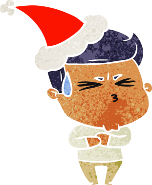 Hayal kırıklığına uğramış, Noel Baba şapkası takan bir adamın insan tarafından çizilmiş eski bir karikatürü.