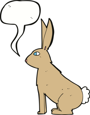 Bir insan tarafından çizilmiş konuşma balonlu çizgi film tavşanı.